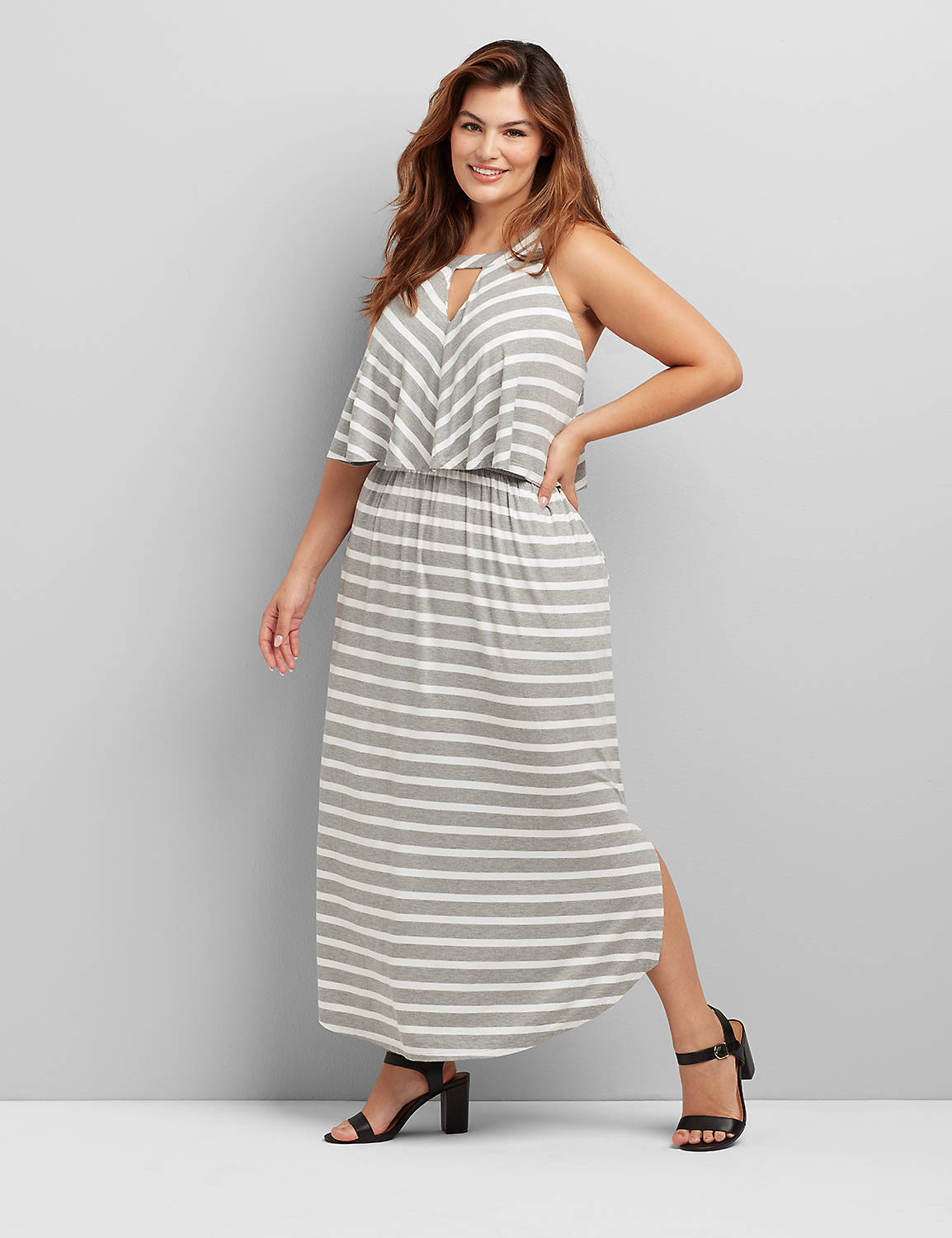 Sleeveless Split Neck Maxi Striped Rayon Span Dress:LBF20272_TammyStripe_colorway1:18/20 Product Image 1