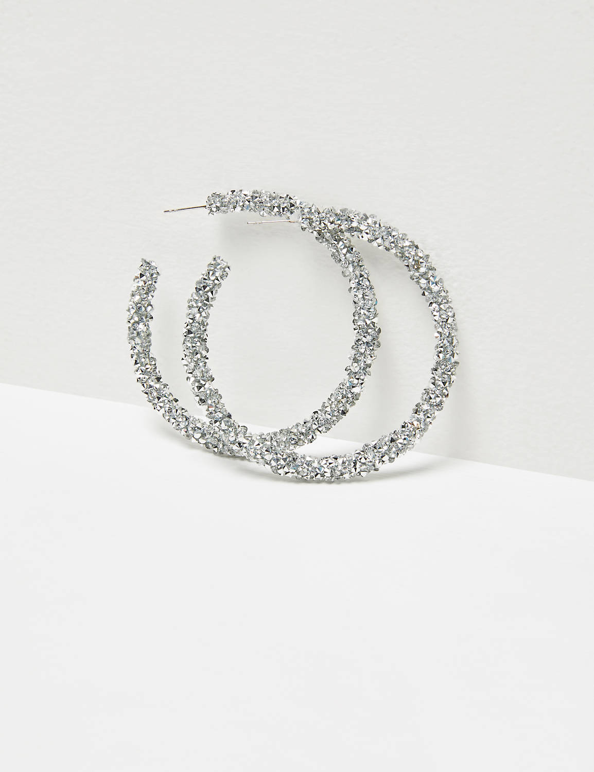 Silver Glitter Rock Hoop Earrings:Silver Tone:ONESZ Product Image 1