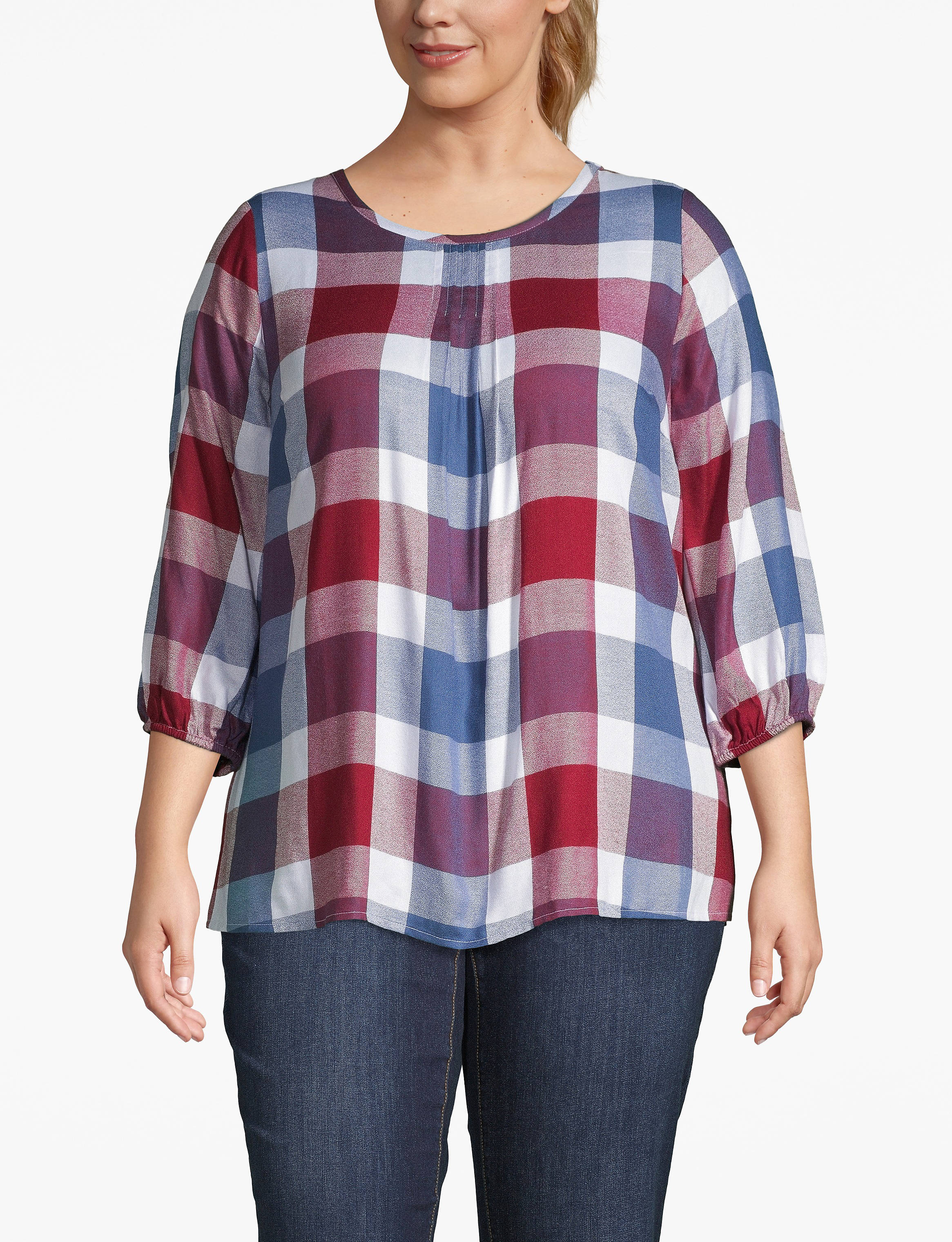 3/4 Sleeve Scoop Neck Peasant Blouse :blue/ red/ white buffalo check - as hanger:14 Product Image 1