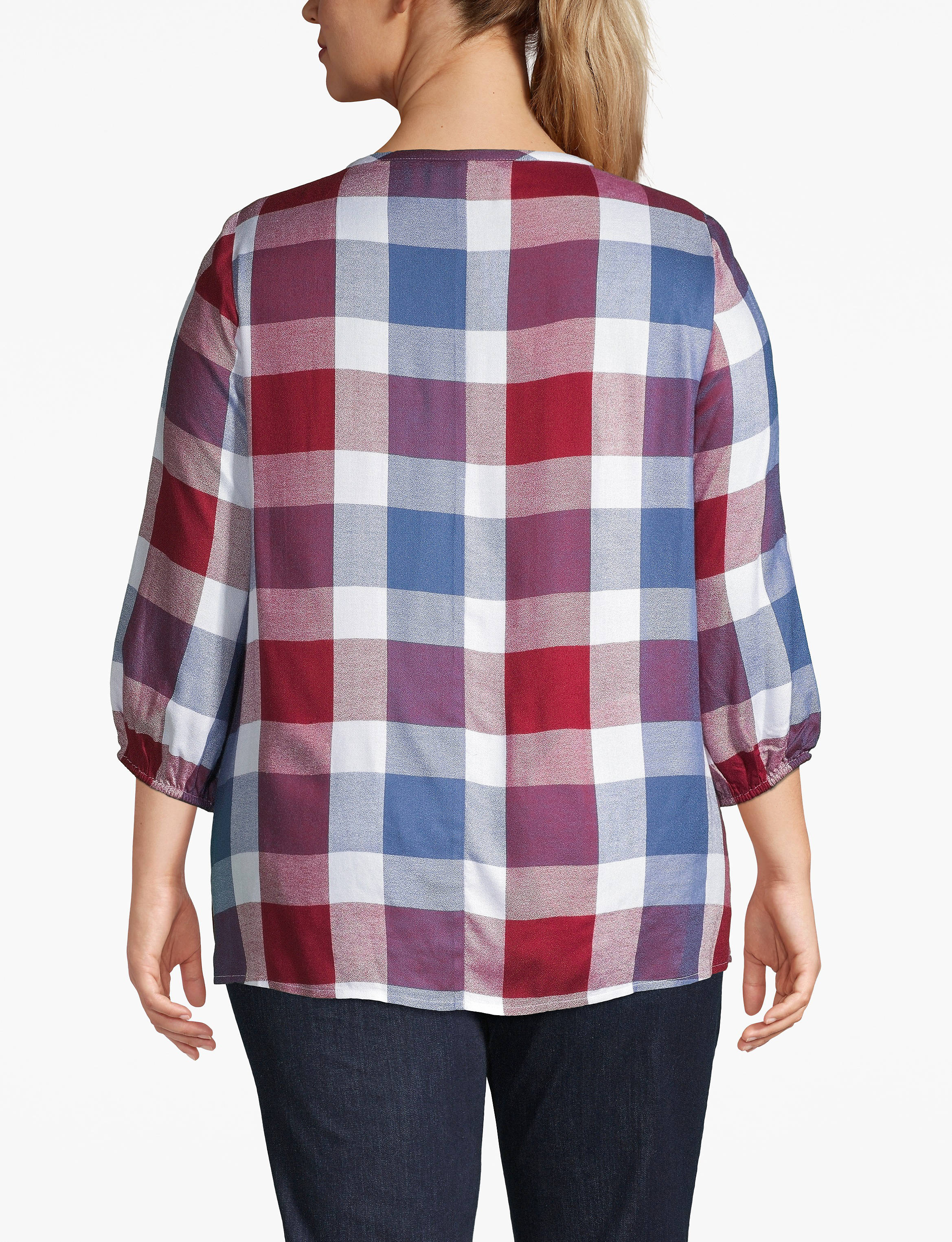 3/4 Sleeve Scoop Neck Peasant Blouse :blue/ red/ white buffalo check - as hanger:14 Product Image 2