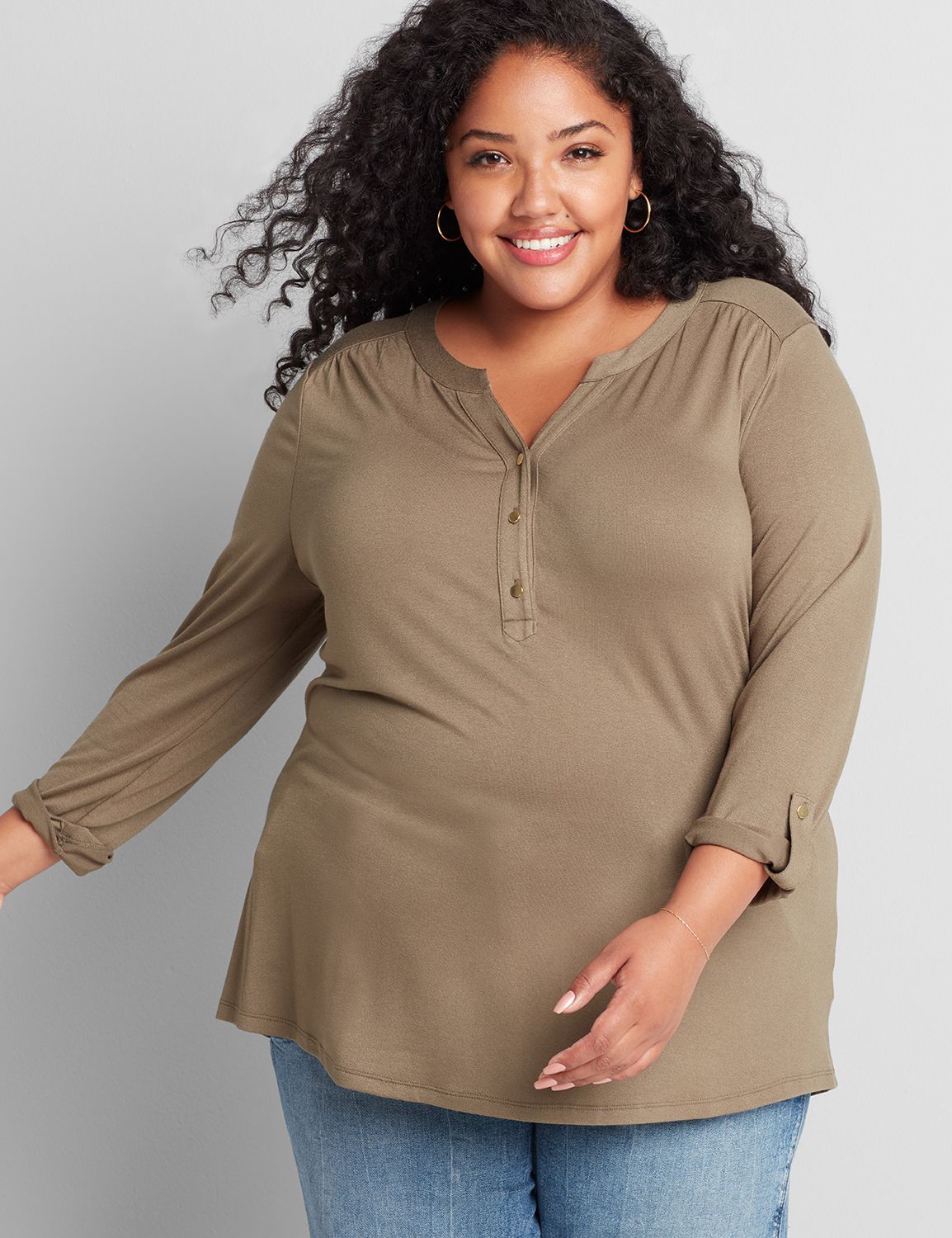 3/4 Roll Tab Sleeve Crew Neck Knit Camp Top 1117850:Dried Sage CSI 0900915:14/16 Product Image 1