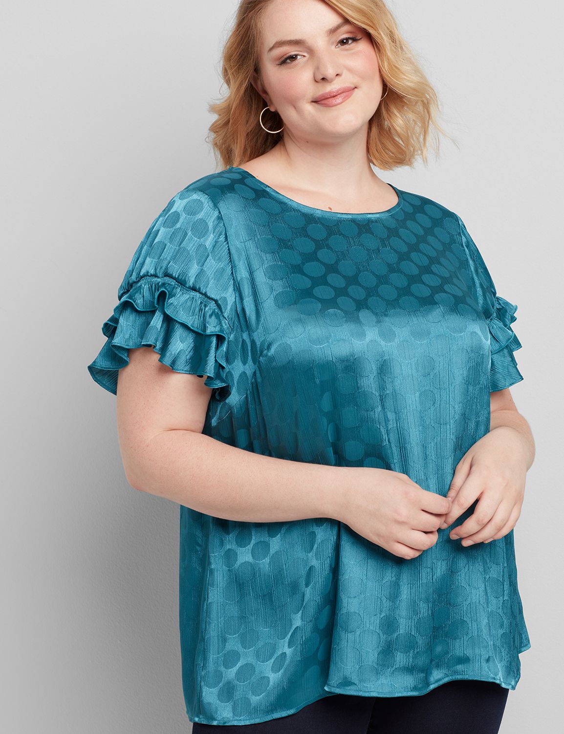 Short Sleeve FLutter Crew Neck Top in Novelty Jacquard 1116116:PANTONE Corsair:22 Product Image 1