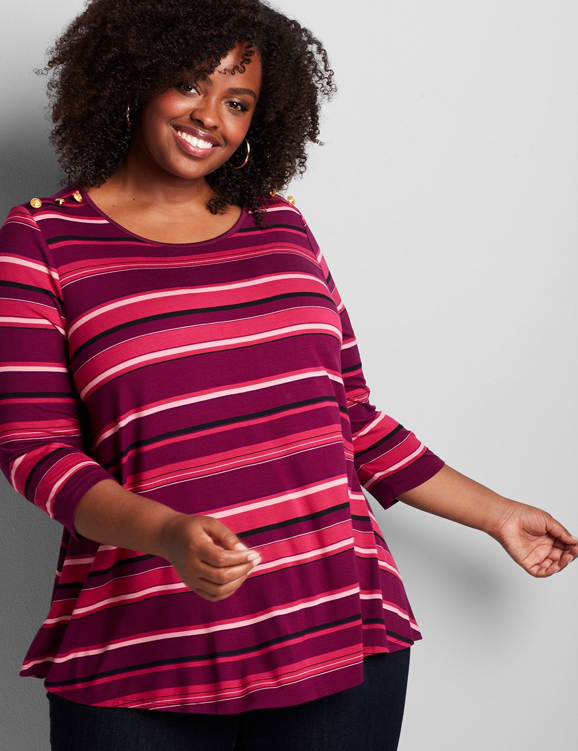 3/4 Sleeve Open Crew Neck Swing Print Button Tee 1117860:LBF20240_HorizontalSicilyStripe_colorway1:10/12 Product Image 1