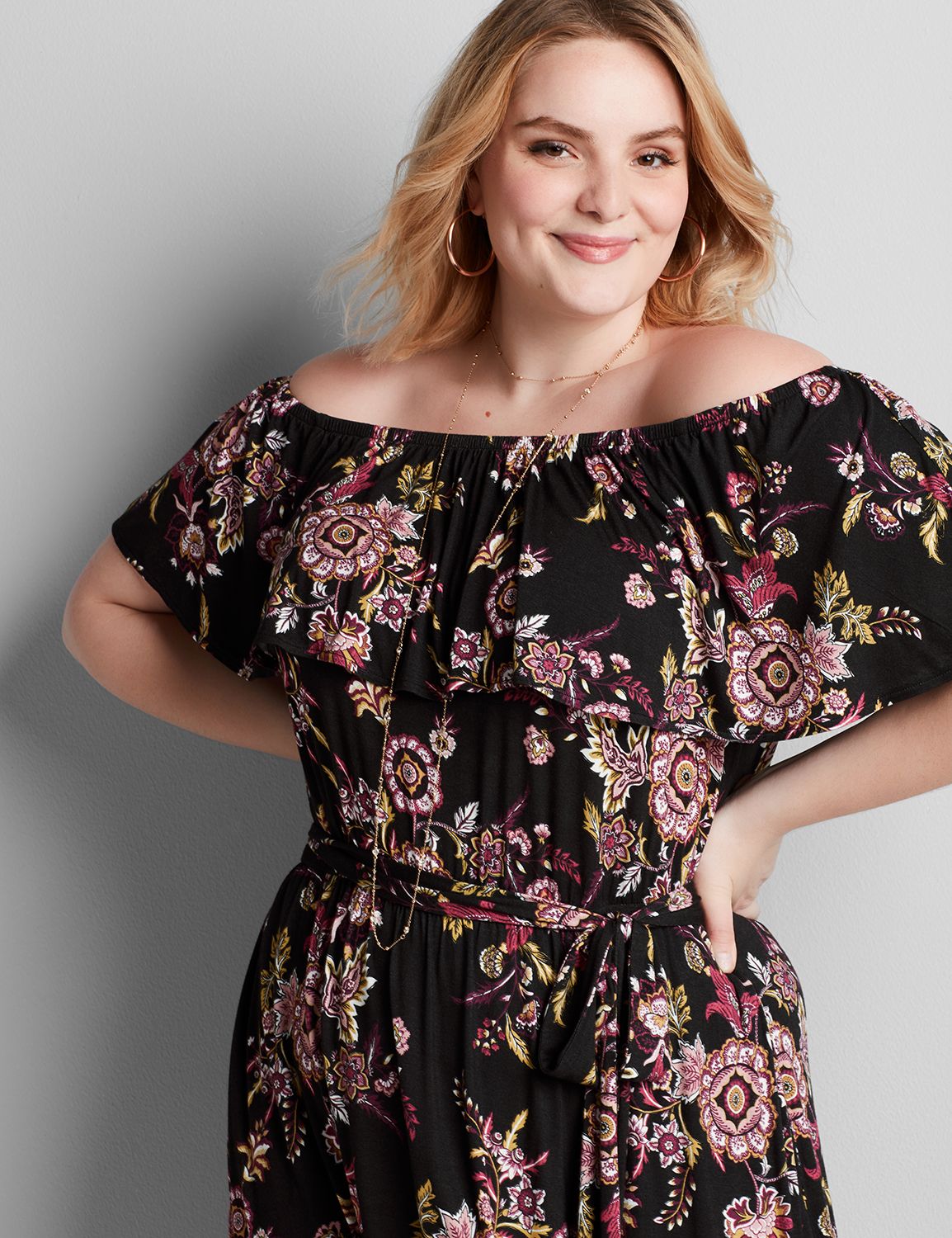 1115989- Short Sleeve Off the Shoulder Maxi 4-Way Printed Rayon Span Dress:LBF20188_FallJacobean_colorway3:10/12 Product Image 3
