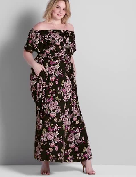 1115989- Short Sleeve Off the Shoulder Maxi 4-Way Printed Rayon Span Dress:LBF20188_FallJacobean_colorway3:10/12 image number 0