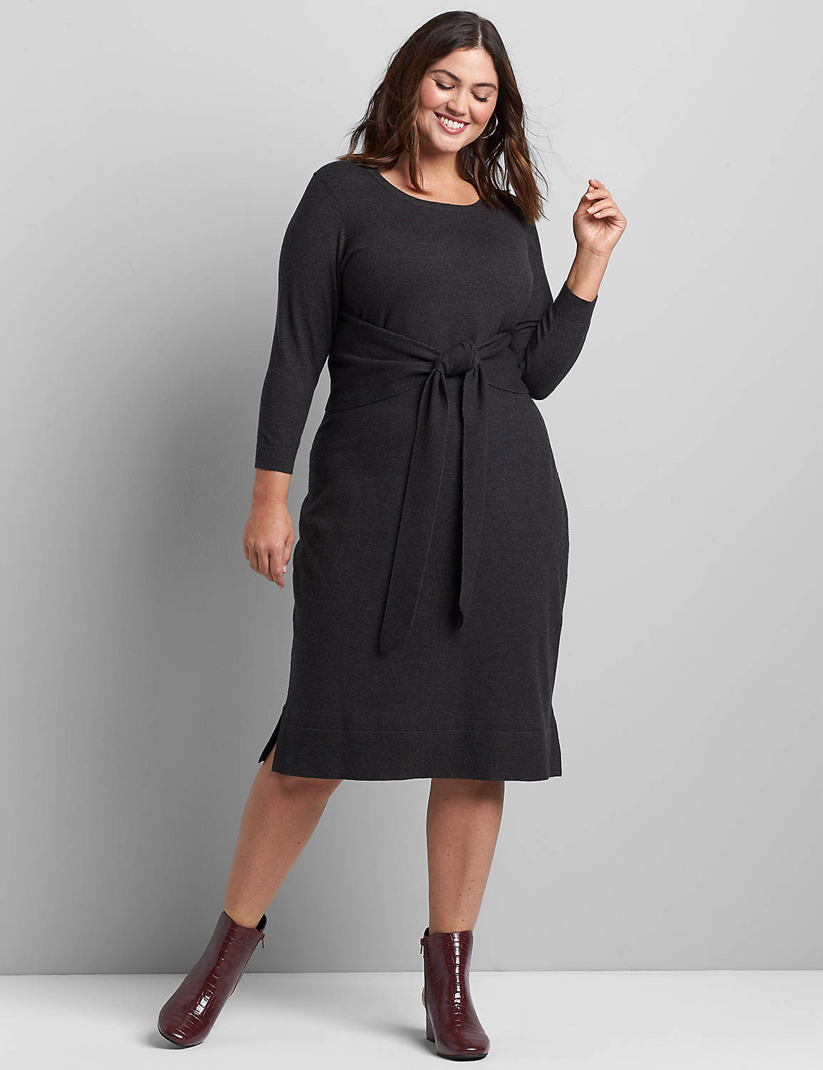 1115871 3/4 Sleeve Crew Neck Short Tie Front Sweater Dress:Charcoal Grey:14/16 Product Image 1