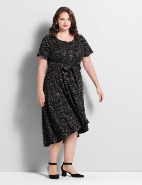 Textured High-Low Fit & Flare Dress With Tie Waist