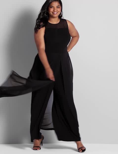 1115993 - Sleeveless Crew Neck Mesh Yoke Woven Jumpsuit FA/HO:Pitch Black LB 1000322:12 image number 0