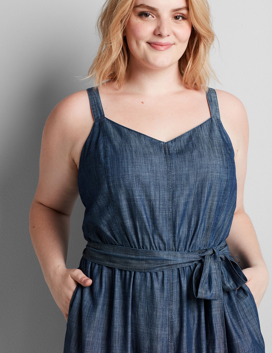 1114371- Sleeveless Vneck Smocked Back Chambray Ankle Jumpsuit:Chambray:12 Product Image 3