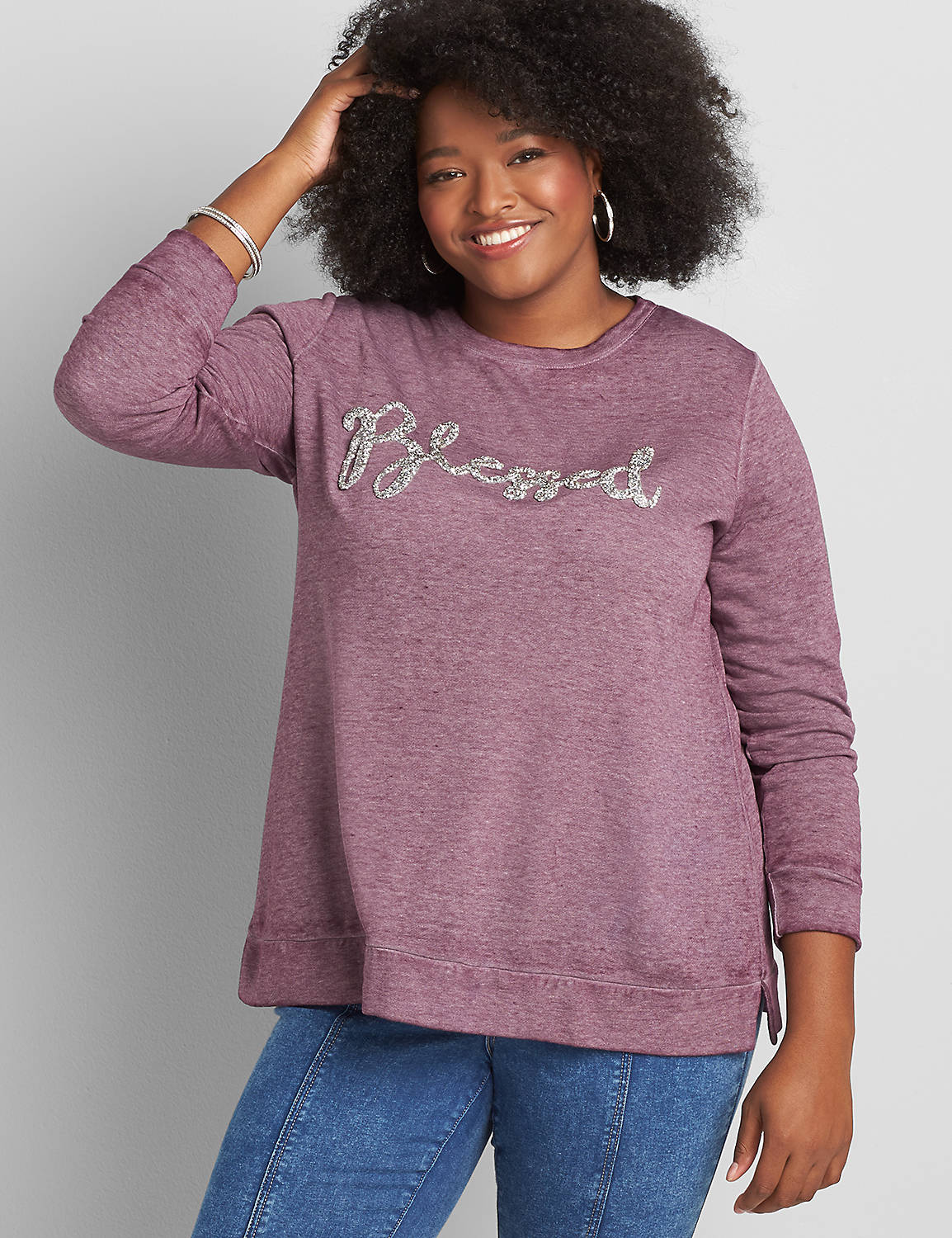 Long Sleeve Crew Neck Sweatshirt with Side Slit Graphic: Blessed 1114655:PANTONE Pickled Beet:14/16 Product Image 1