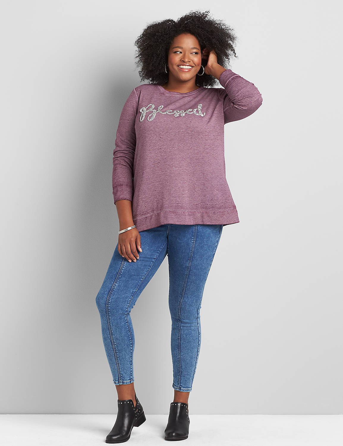 Long Sleeve Crew Neck Sweatshirt with Side Slit Graphic: Blessed 1114655:PANTONE Pickled Beet:14/16 Product Image 3