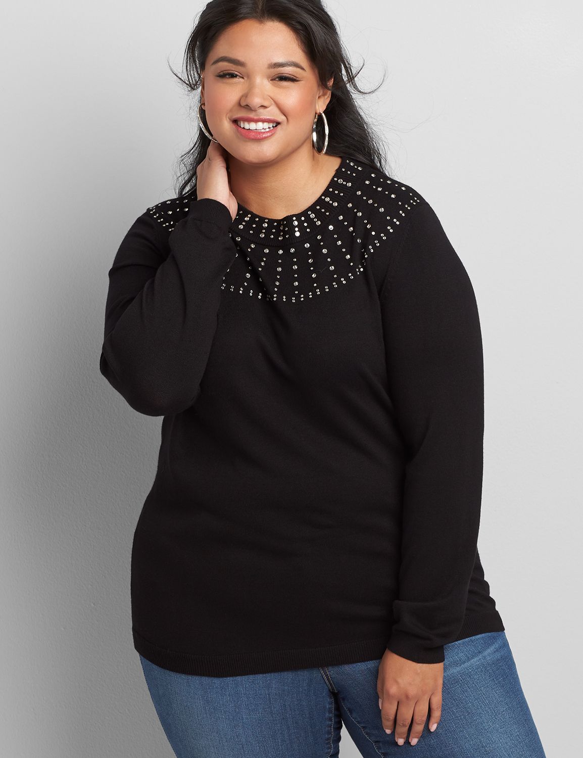 1116940 Long Sleeve Mock Neck Pullover with Rhinestones:Pitch Black LB 1000322:14/16 Product Image 1