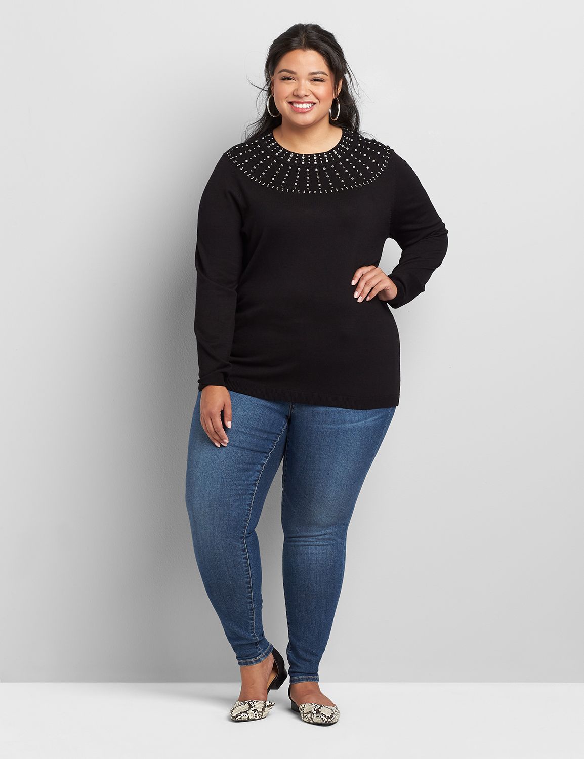 1116940 Long Sleeve Mock Neck Pullover with Rhinestones:Pitch Black LB 1000322:14/16 Product Image 3