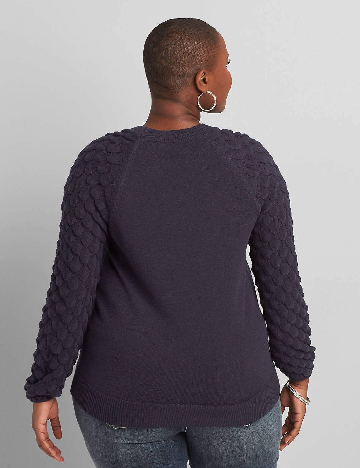Long Sleeve Crew Neck Sweater with Geo Pointelle Sleeves 1116073:PANTONE Night Sky:14/16 Product Image 2