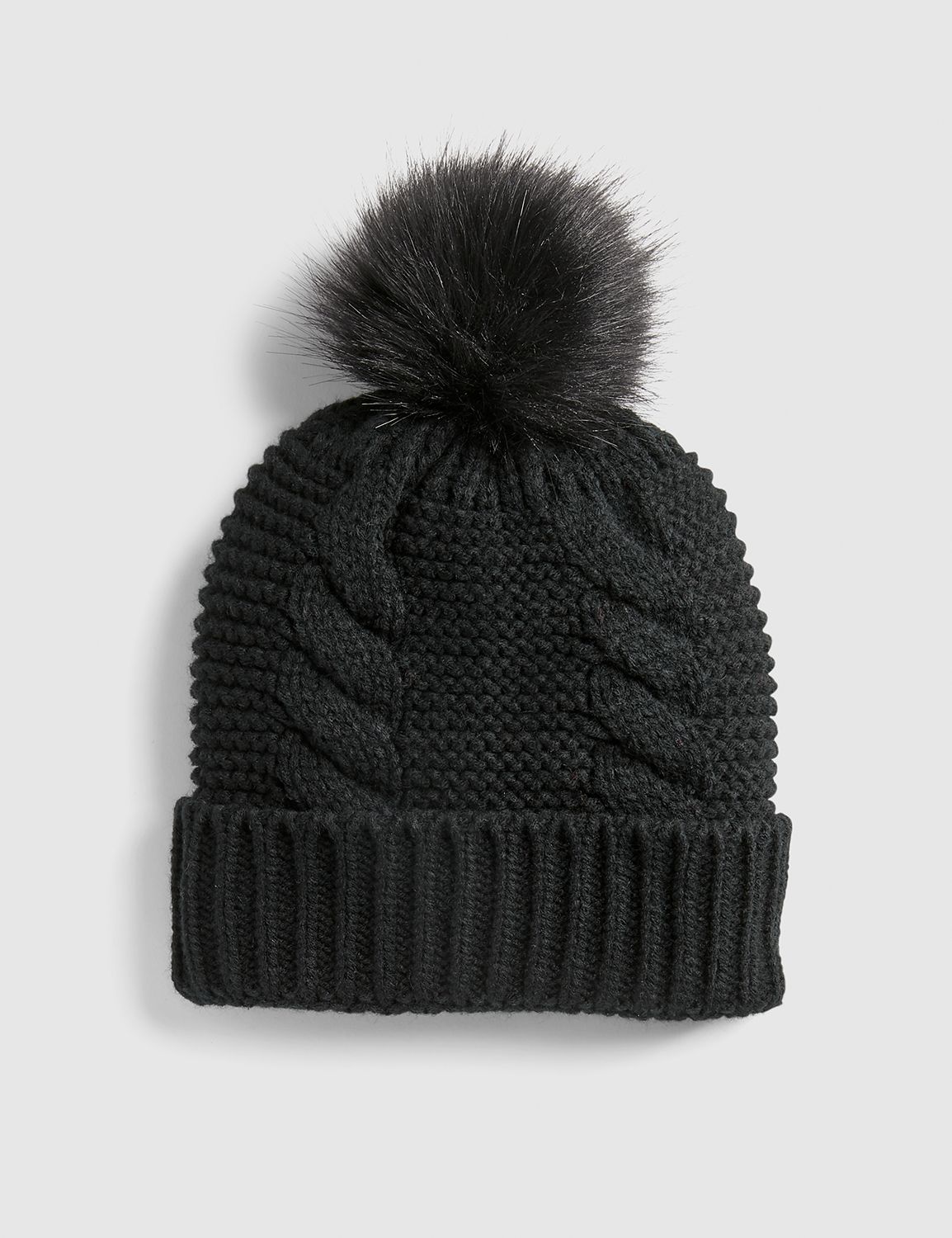 Image of Lane Bryant Women's Cable-Stitch Beanie With Faux-Fur Pom Pom ONESZ Black