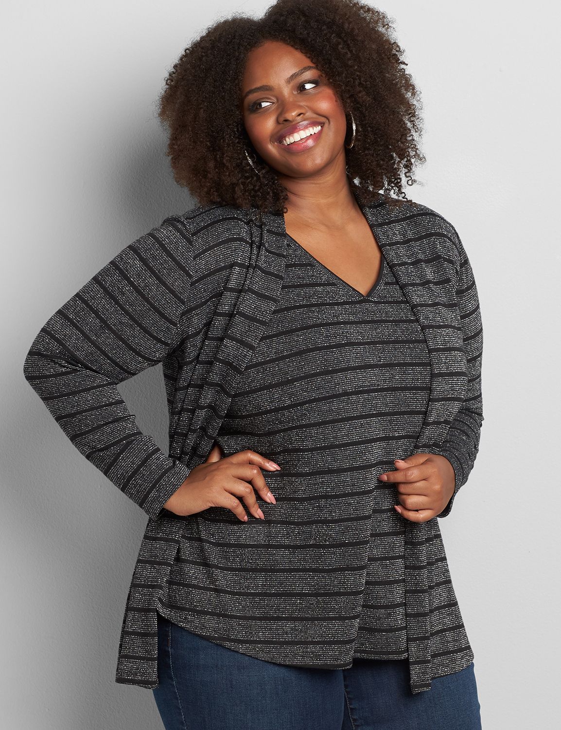 Long Sleeve Open Front Striped Hacci Overpiece 1117643:B85 Dark Heather Grey:10/12 Product Image 1