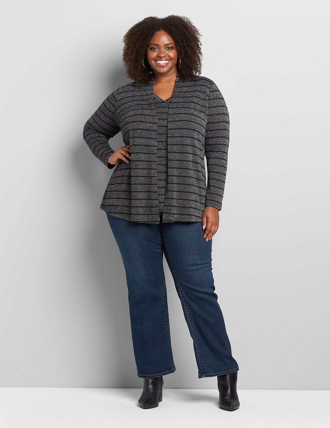 Long Sleeve Open Front Striped Hacci Overpiece 1117643:B85 Dark Heather Grey:10/12 Product Image 3