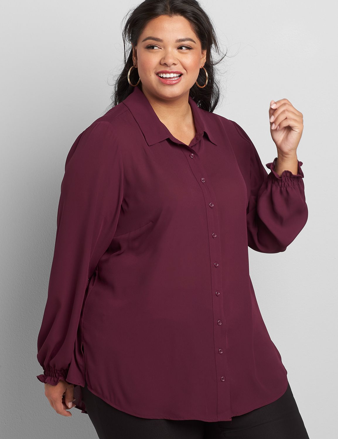 Image of Lane Bryant Women's Button-Front Shirred-Cuff Soft Shirt / Pickled Beet