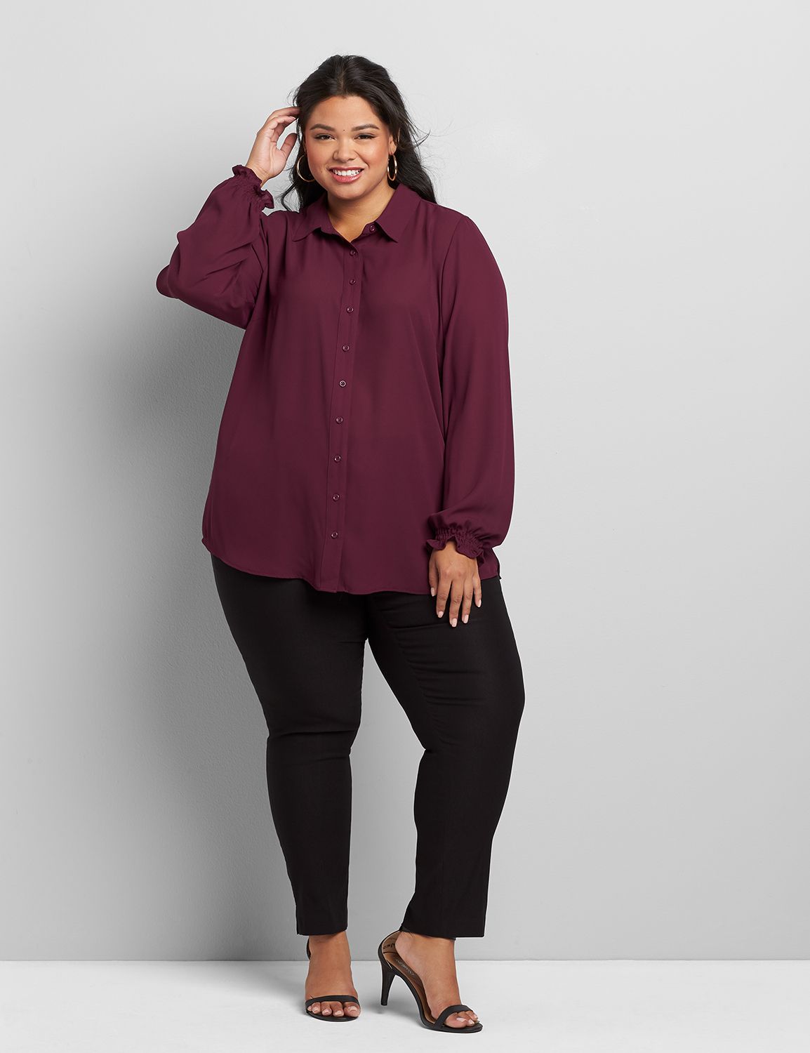 Long Sleeve Button Front Smock Cuff Soft Shirt 1118056:PANTONE Pickled Beet:22/24 Product Image 3