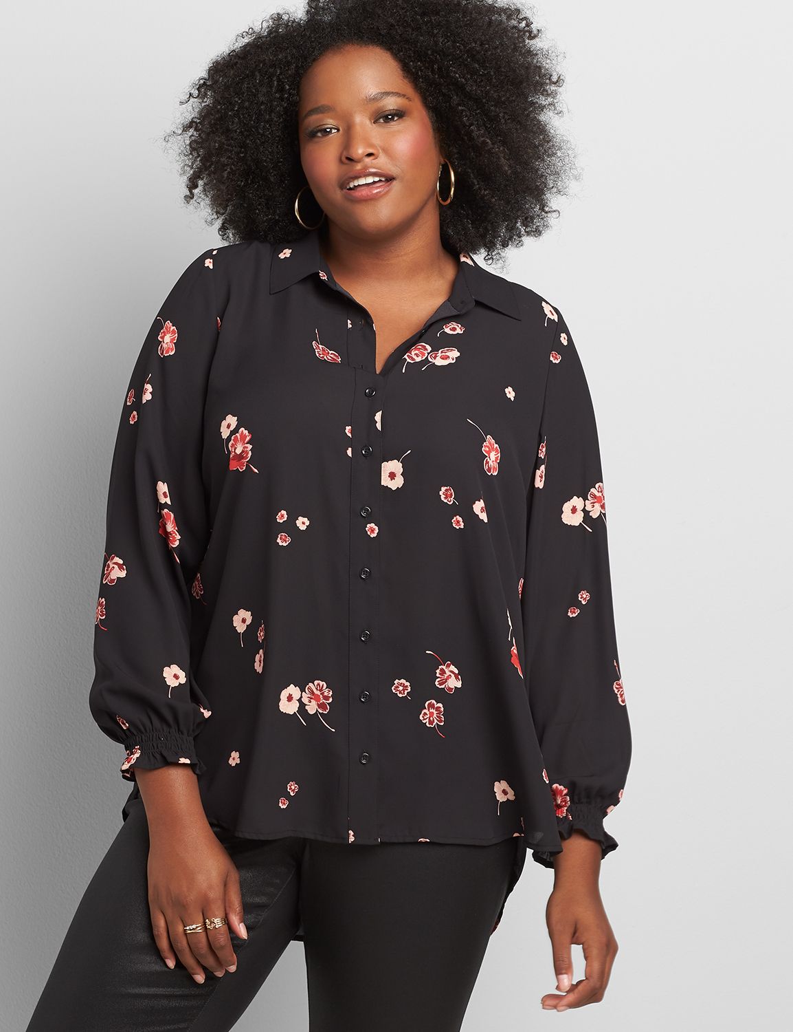 Image of Lane Bryant Women's Button-Front Shirred-Cuff Soft Shirt / Black Grounded Floral
