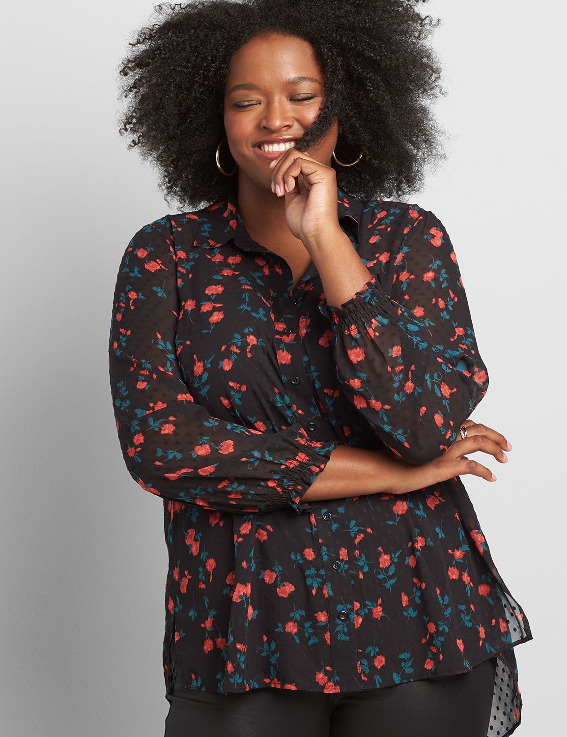 Image of Lane Bryant Women's Button-Front Shirred-Cuff Soft Shirt / Black Grounded Rose Print
