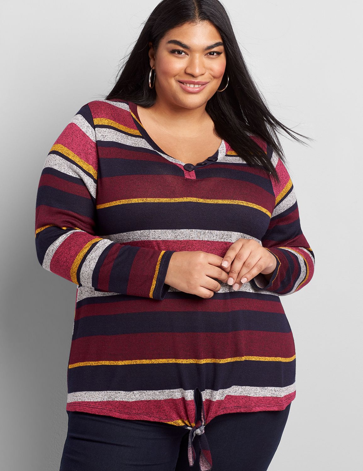 Long Sleeve V Neck Tie Front Hacci Top 1116244:LBF20313_VarigaedKellyStripe_colorway1:26/28 Product Image 1