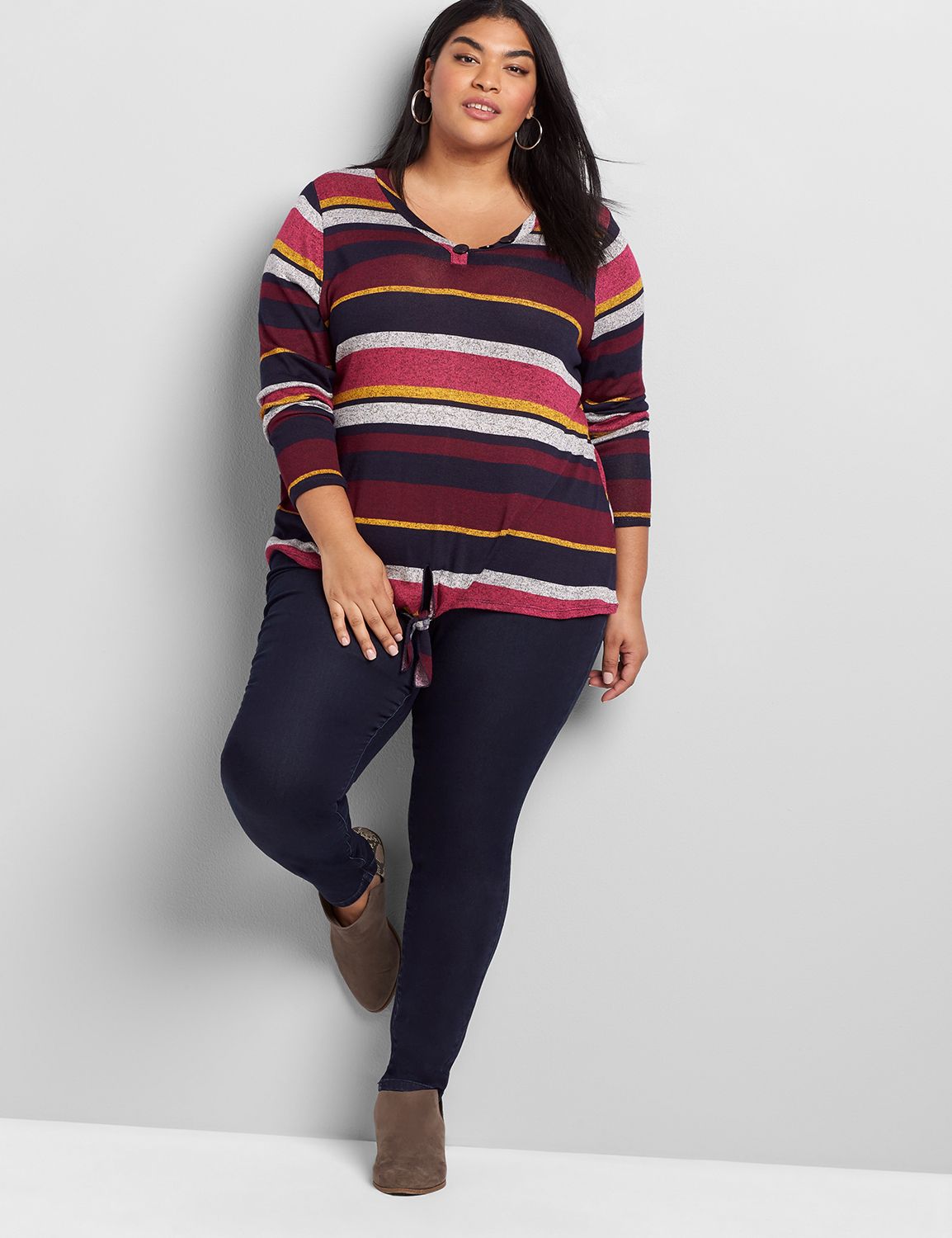 Long Sleeve V Neck Tie Front Hacci Top 1116244:LBF20313_VarigaedKellyStripe_colorway1:26/28 Product Image 3