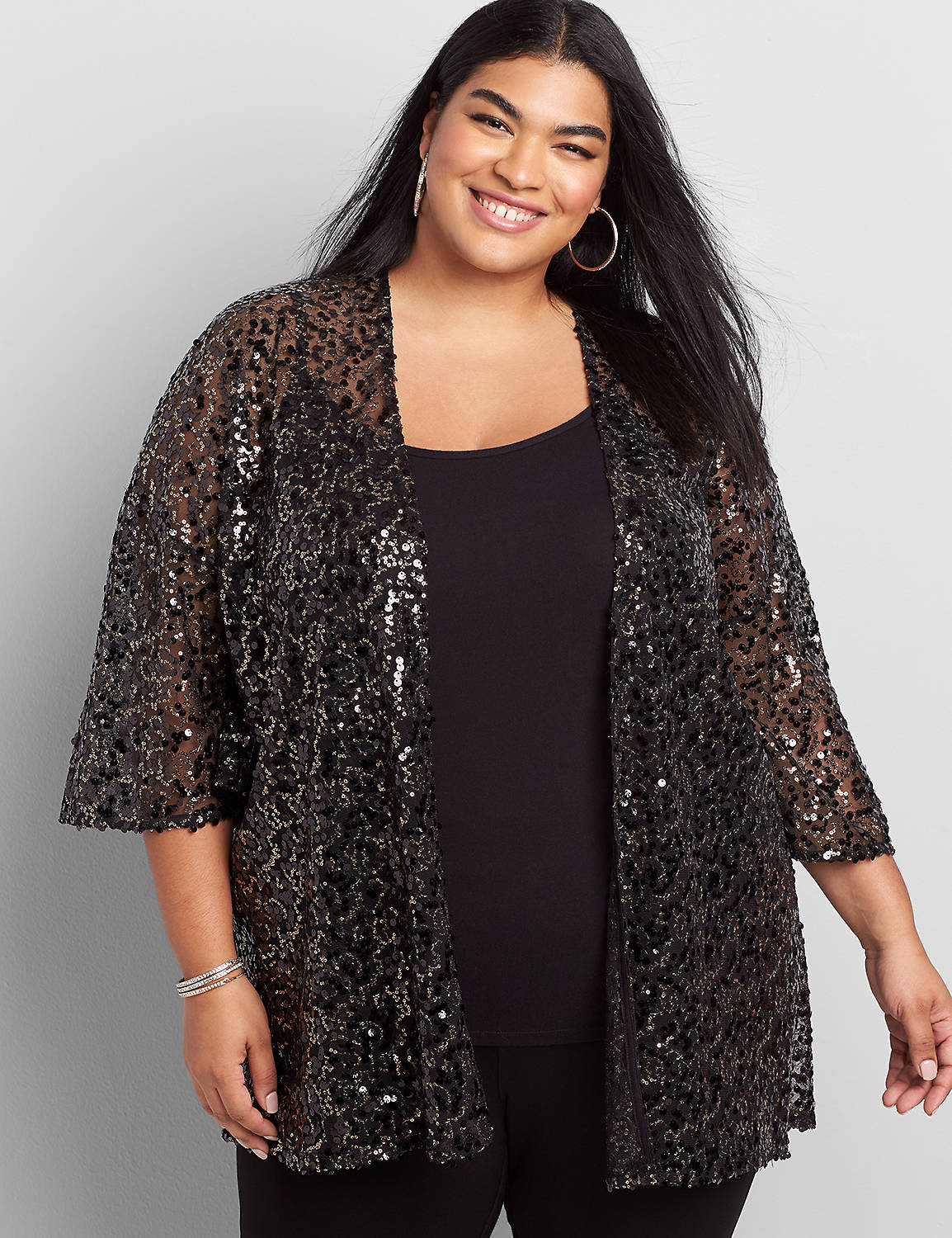 Outlet 3/4 Sleeve Sequin Kimono Over Piece 1117391:Silver W/BlackSequins- As Hanger:10/12 Product Image 1