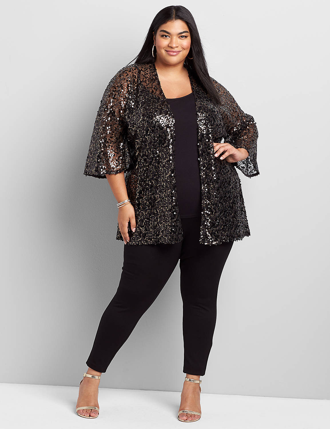Outlet 3/4 Sleeve Sequin Kimono Over Piece 1117391:Silver W/BlackSequins- As Hanger:10/12 Product Image 3