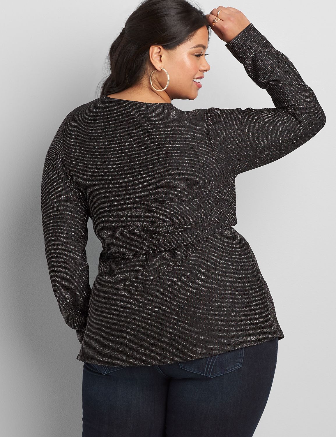 Long Sleeve Faux Wrap Lurex Knit Top 1117558:Pitch Black LB 1000322:14/16 Product Image 2
