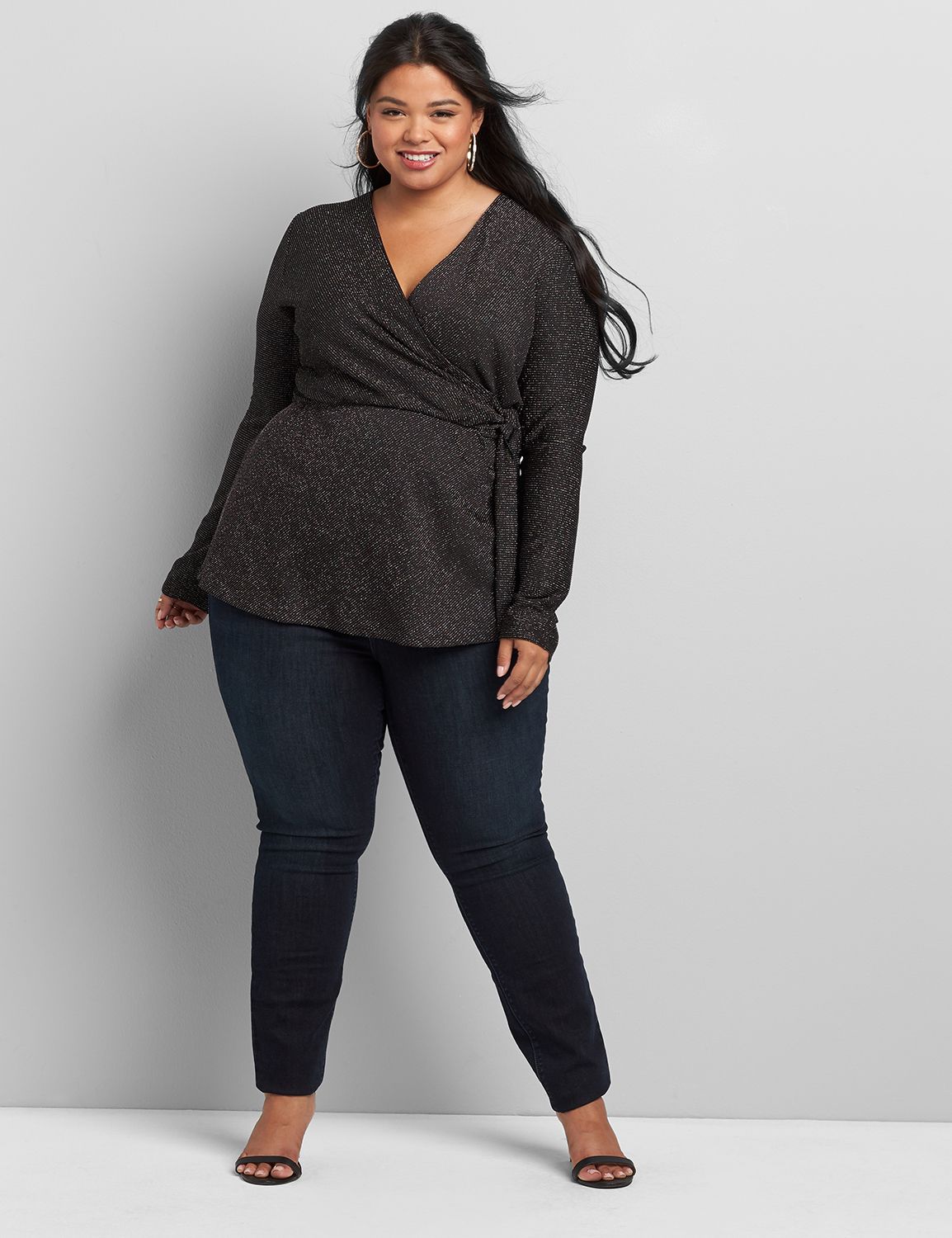 Long Sleeve Faux Wrap Lurex Knit Top 1117558:Pitch Black LB 1000322:14/16 Product Image 3