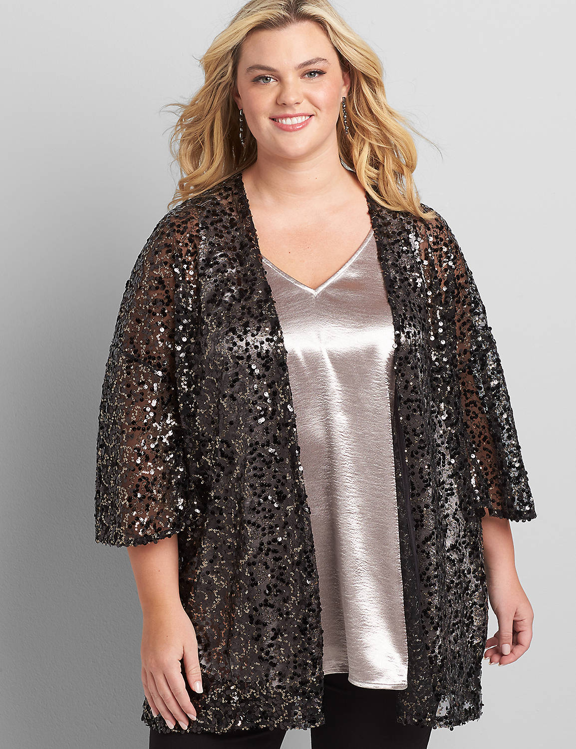 Outlet 3/4 Sleeve Sequin Kimono Scattered Sequin Over Piece 1117396:Black Ground W/Gold/Black Sequins- As Hanger:18/20 Product Image 1