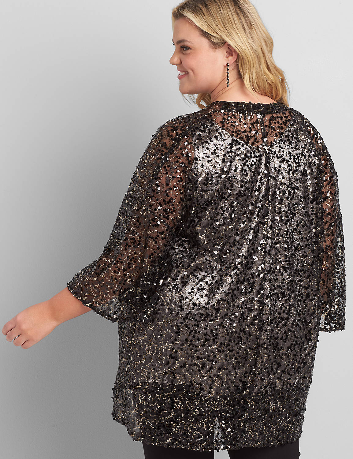 Outlet 3/4 Sleeve Sequin Kimono Scattered Sequin Over Piece 1117396:Black Ground W/Gold/Black Sequins- As Hanger:18/20 Product Image 2