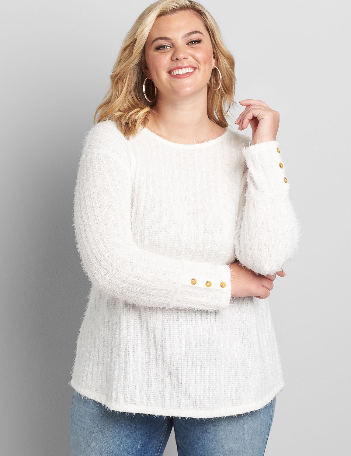 Image of Lane Bryant Women's Button-Embellished Eyelash Top / Ivory