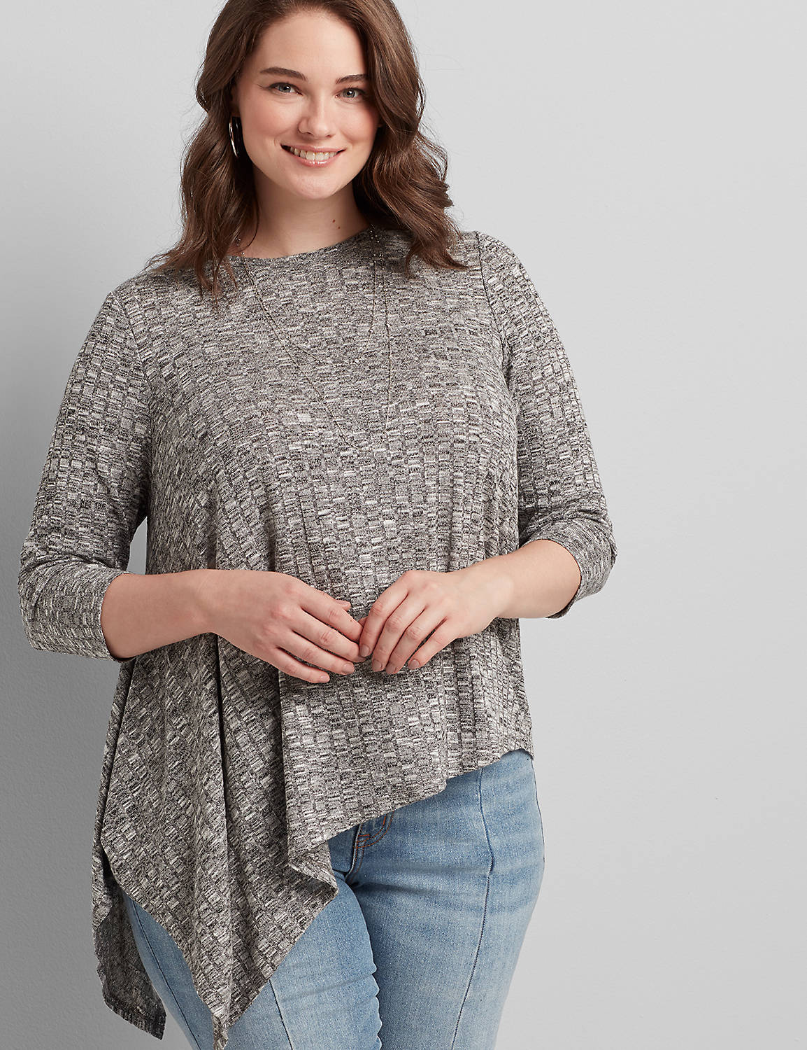 3/4 Sleeve Crew Neck Draped Asym Hacci Rib Top 1113987:Med Grey Heather:18/20 Product Image 1