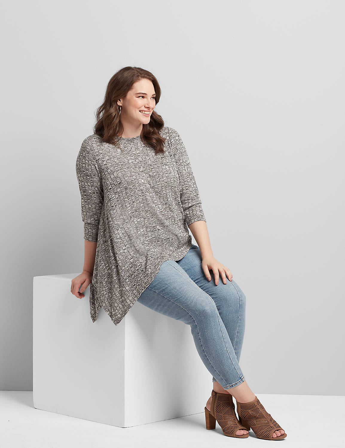 3/4 Sleeve Crew Neck Draped Asym Hacci Rib Top 1113987:Med Grey Heather:18/20 Product Image 3
