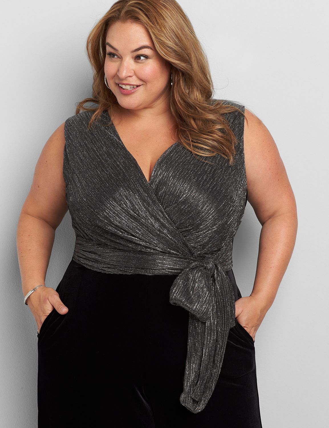 Sleeveless Metallic Surplice Jumpsuit 1118007 GS:Pitch Black LB 1000322:14/16 PETITE Product Image 3