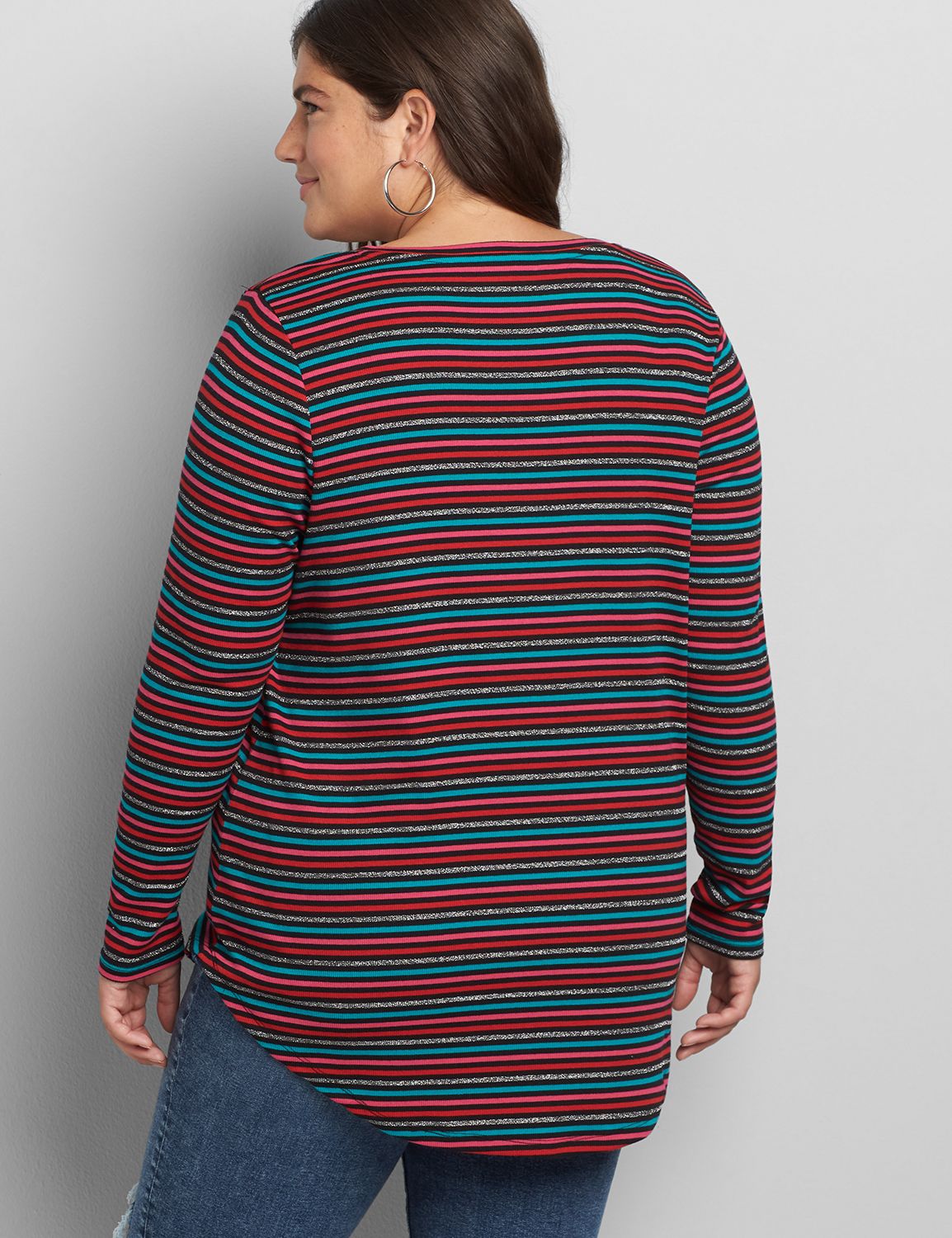 Long Sleeve V Neck Curved Hem Tee 1117404:LBH20247B_SimpleSambaStripes_Colorway1:18/20 Product Image 2