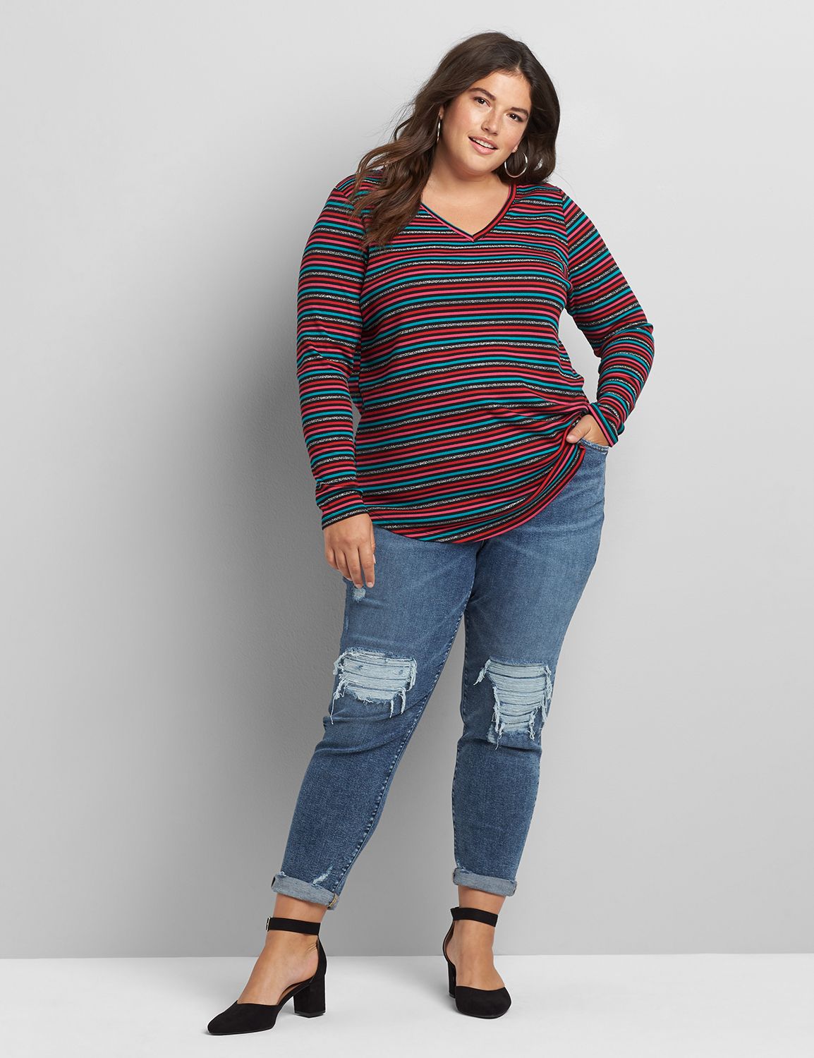 Long Sleeve V Neck Curved Hem Tee 1117404:LBH20247B_SimpleSambaStripes_Colorway1:18/20 Product Image 3