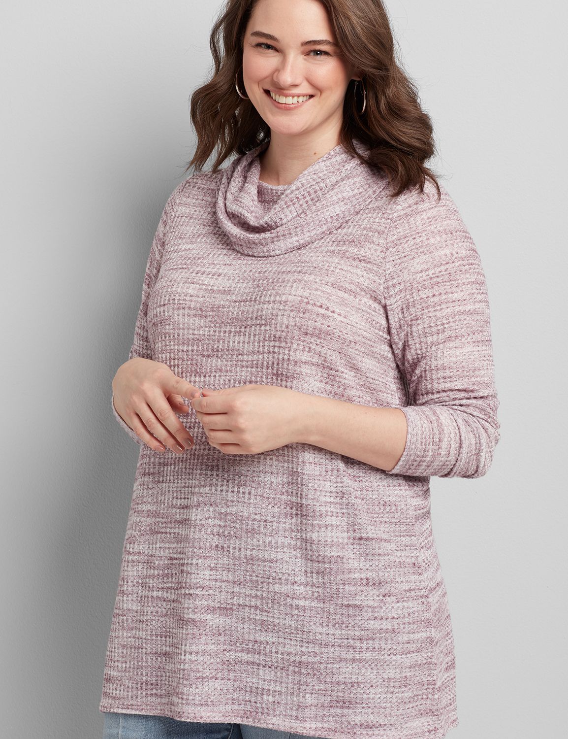 Long Sleeve Cowl Neck Waffle Swing Tee 1116067:Mysterious Purple 51-0004-19:26/28 Product Image 1