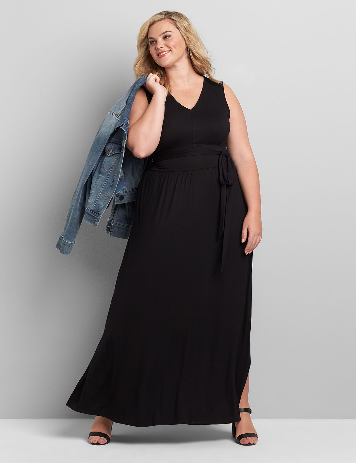 Sleeveless Vneck Maxi Belted Rayon Span Dress 1116752:Pitch Black LB ...