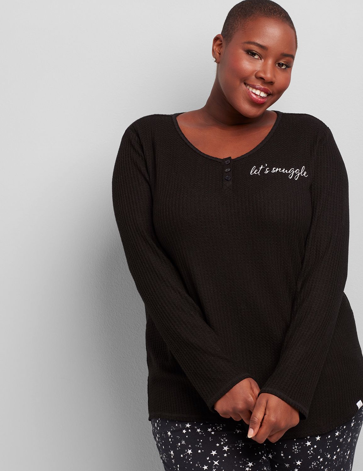 Image of Lane Bryant Women's Brushed Waffle Henley Sleep Top / Black