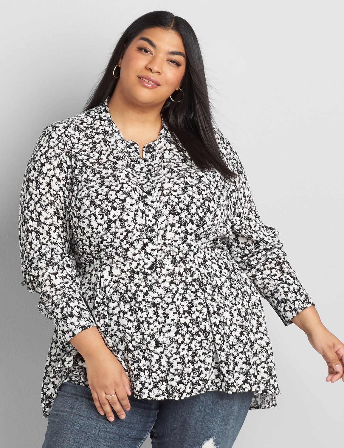  Lane Bryant Women's Printed High-Low Peplum Blouse 26 Black And White Floral