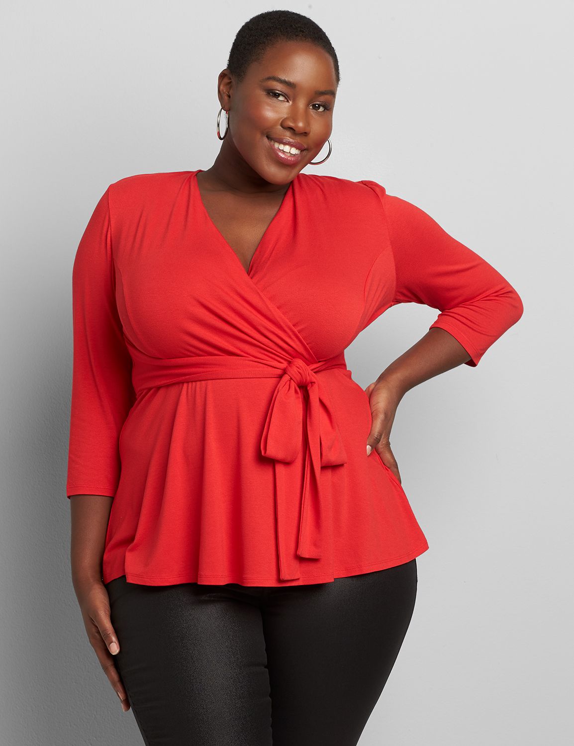 3/4 Sleeve Surplice Peplum Top 1118049:PANTONE Racing Red:22/24 Product Image 1