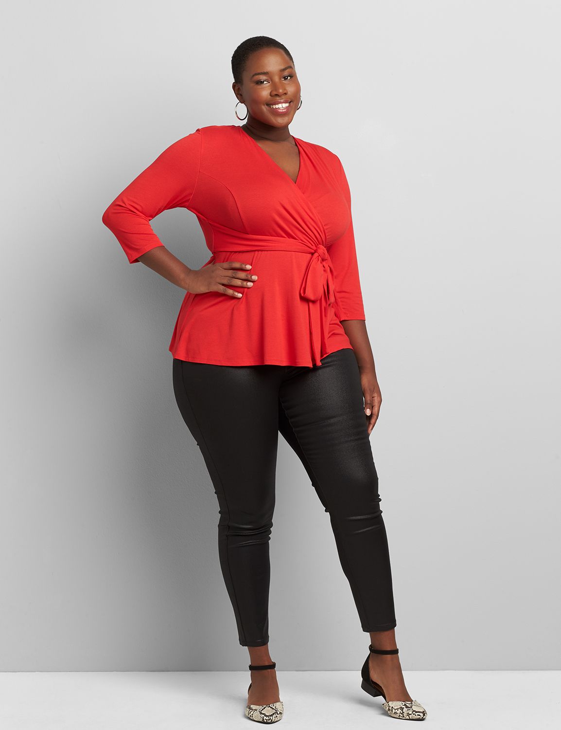 3/4 Sleeve Surplice Peplum Top 1118049:PANTONE Racing Red:22/24 Product Image 3