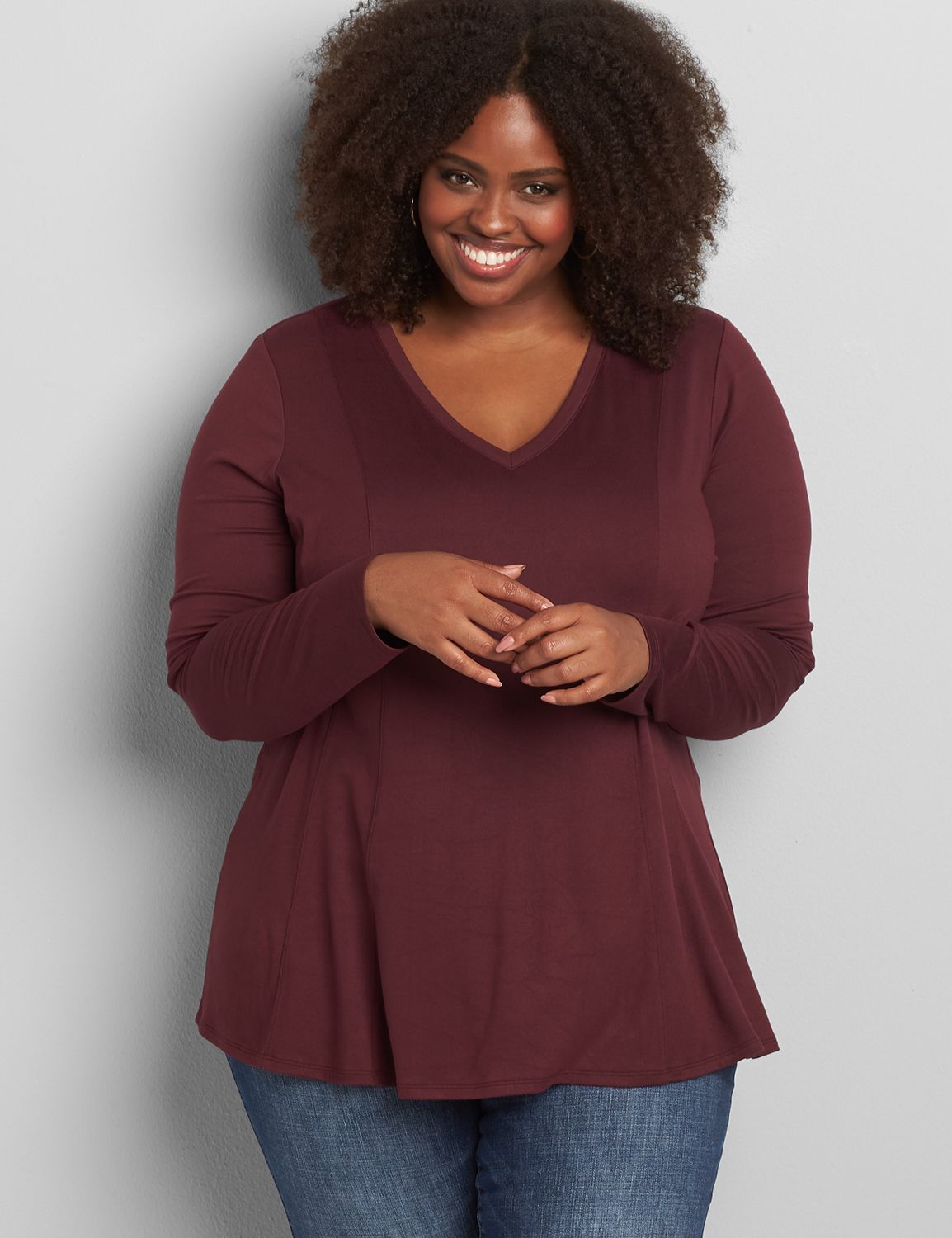 Long Blousen Sleeve V Neck Swing Fit and Flare 1117222:PANTONE Winetasting:18/20 Product Image 1