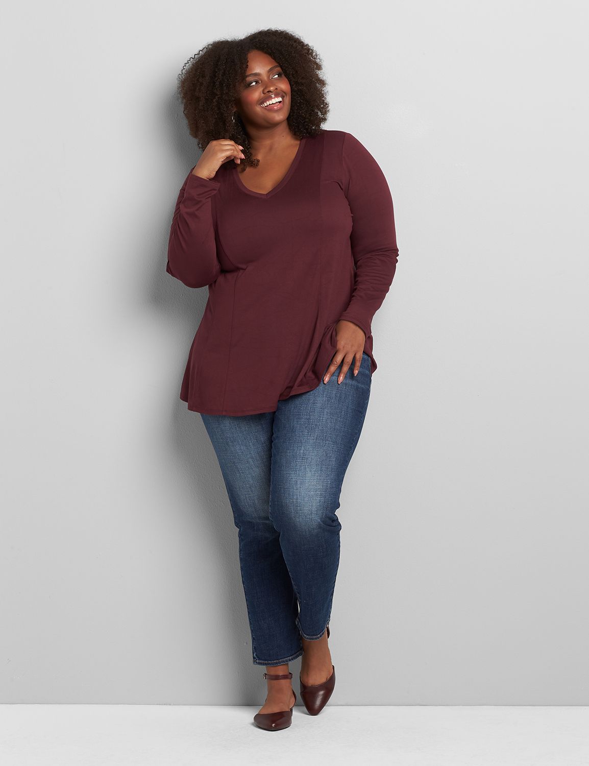 Long Blousen Sleeve V Neck Swing Fit and Flare 1117222:PANTONE Winetasting:18/20 Product Image 3