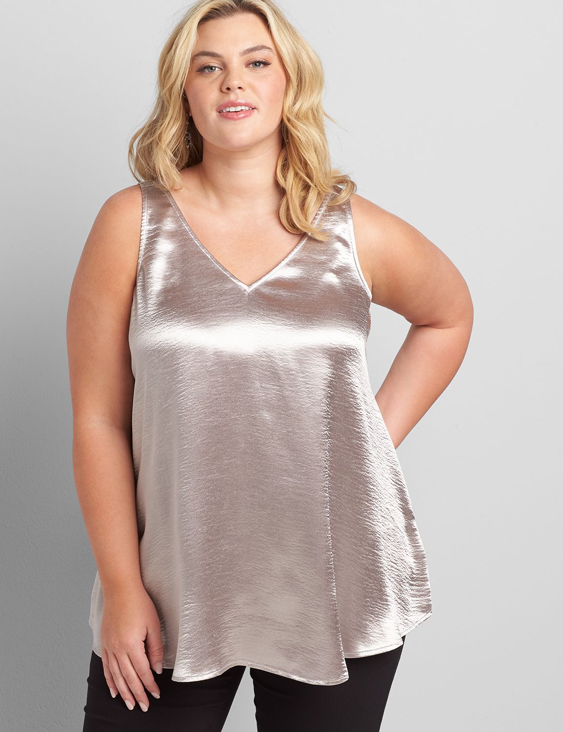 Sleeveless Vneck Satin Tank 1117232:Champagne:24 | LaneBryant