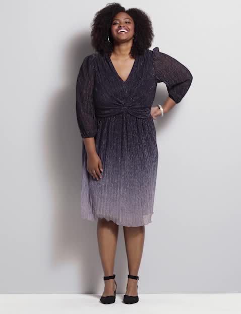 LONG SLEEVE TWISTED WAIST V NECK OMBRE MIDI DRESS1118003:PANTONE Night Sky:12 image number 0