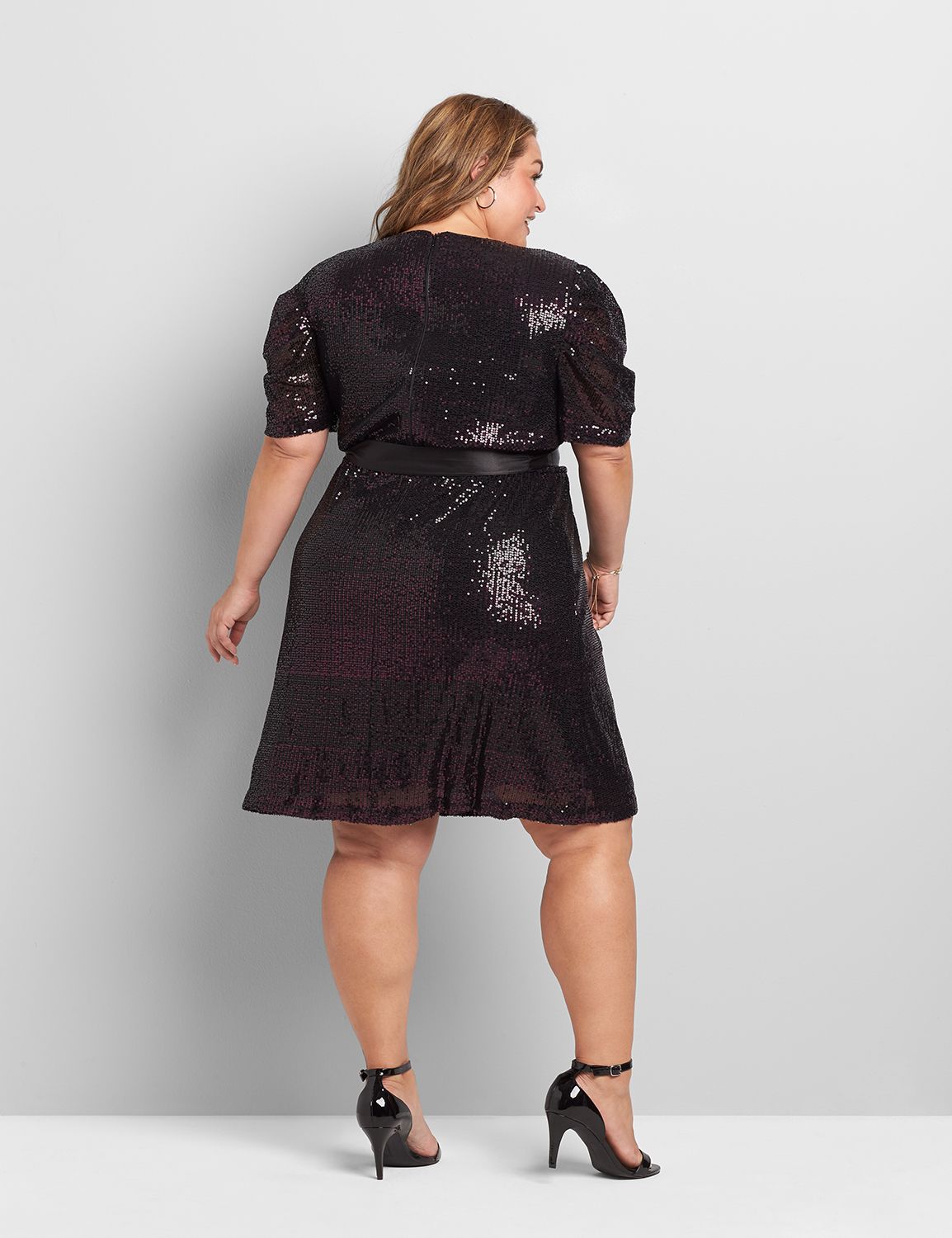 1117920 ELBOW SLEEVE VNECK FF ALL OVER OMBRE SEQUIN DRESS:JJ Black/ Purple Sequin - As Header:18 Product Image 2